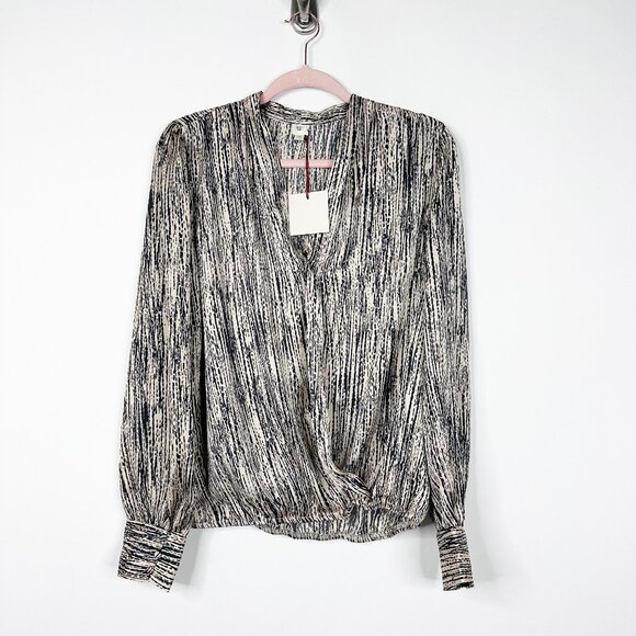 2/$30 NWT Autres Filles Printed Satin Blouson Cuff Faux Wrap Top Ivory #A1587 - Picture 3 of 8